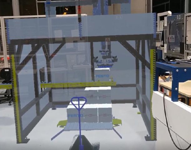 Derselbe Palettierer als Mixed-Reality-Überlagerung in der realen Halle