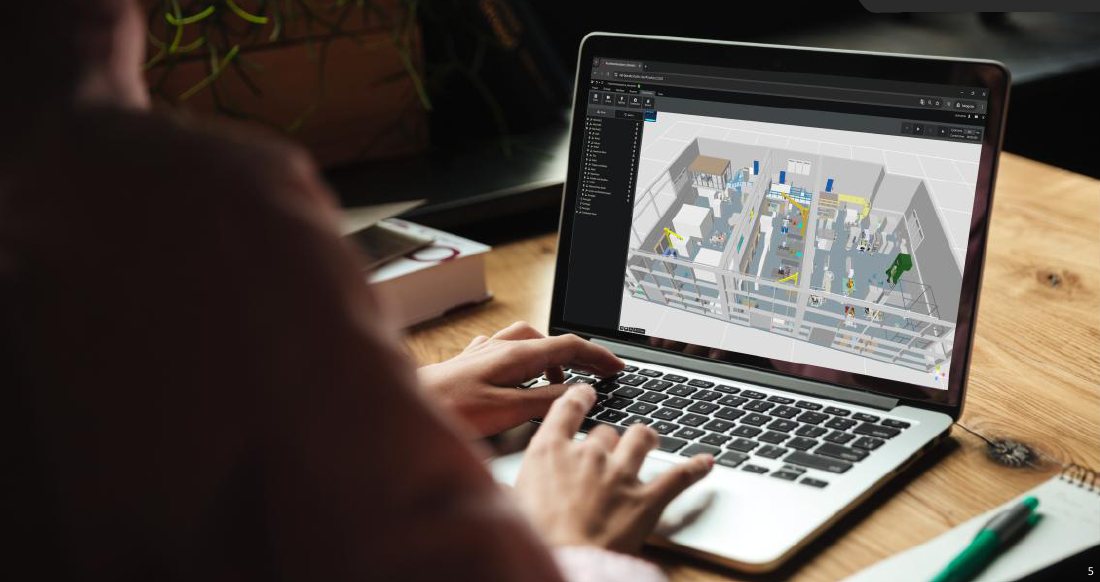 Digitaler Zwilling einer Fabrikhalle im Browser auf einem Laptop