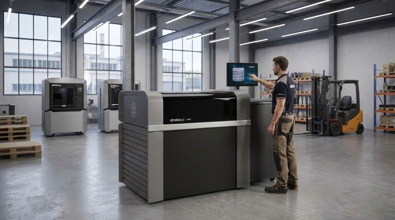 KI-Marketingbild: 3D-Drucker in einer Werkshalle mit Techniker am Bedienpanel