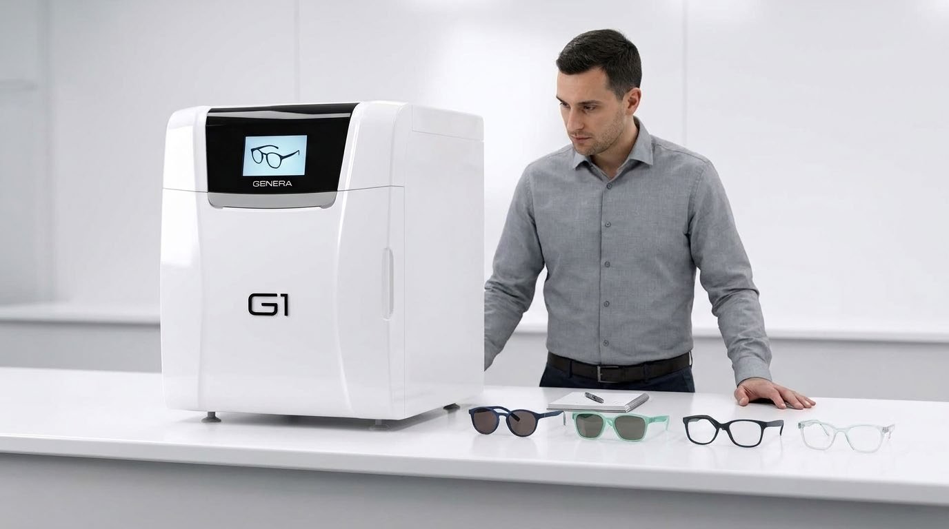 KI-Marketingbild: weißer 3D-Drucker mit Anwender und gedruckten Brillengestellen