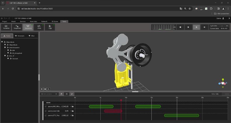 VisuPal-Editor mit 3D-Modell einer Baugruppe und Zeitleiste zur Animation von Abläufen