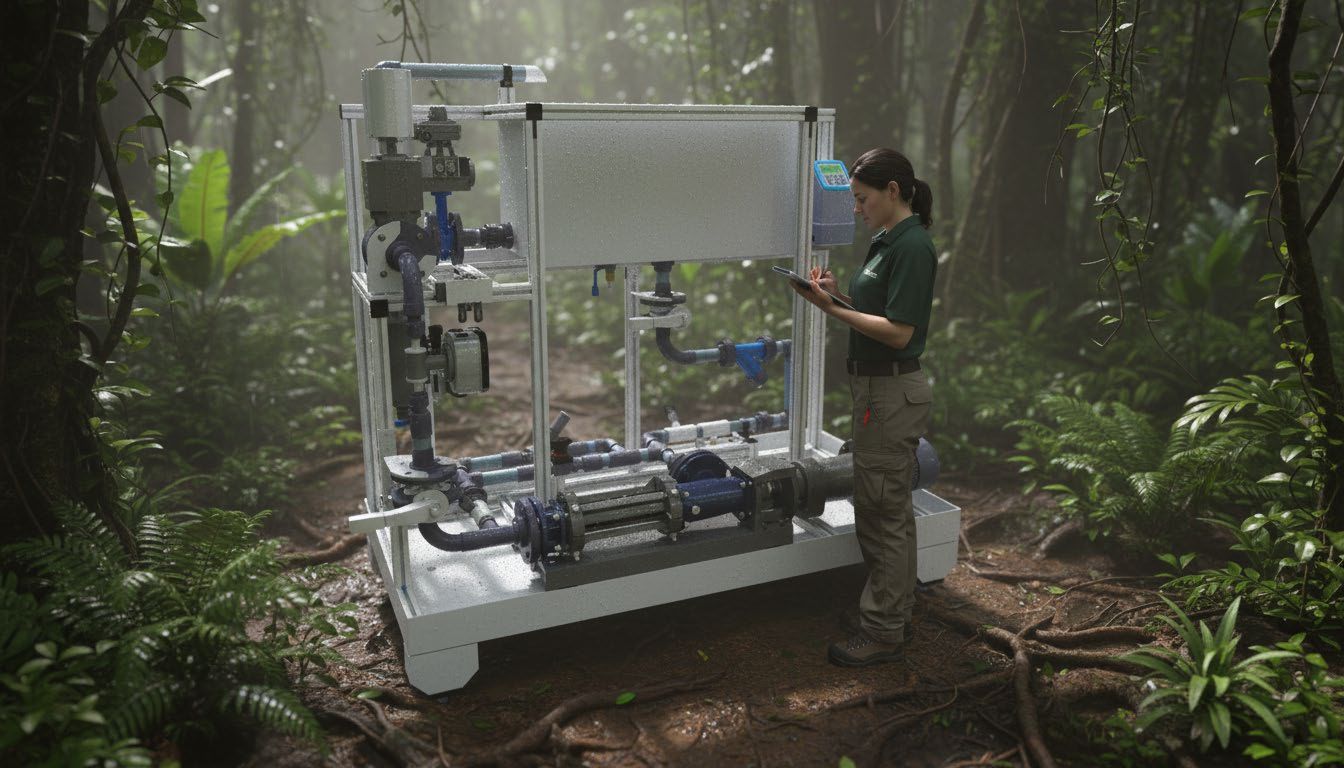 KI-generiertes Produktbild: eine Industrieanlage, automatisch aus CAD-Daten in eine Dschungel-Szene gerendert