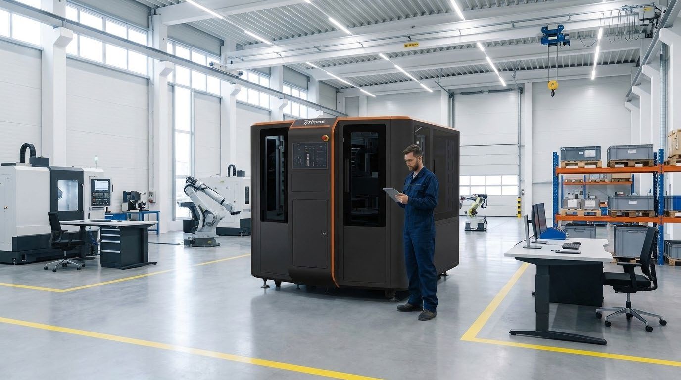 KI-generiertes Marketingbild eines industriellen 3D-Druckers in einer Fertigungshalle