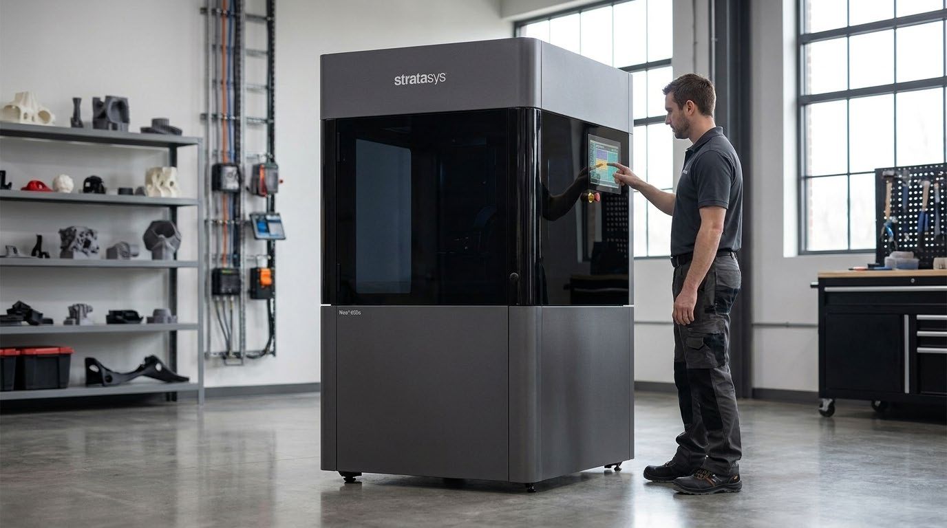 KI-generiertes Marketingbild: Techniker bedient einen großen 3D-Drucker