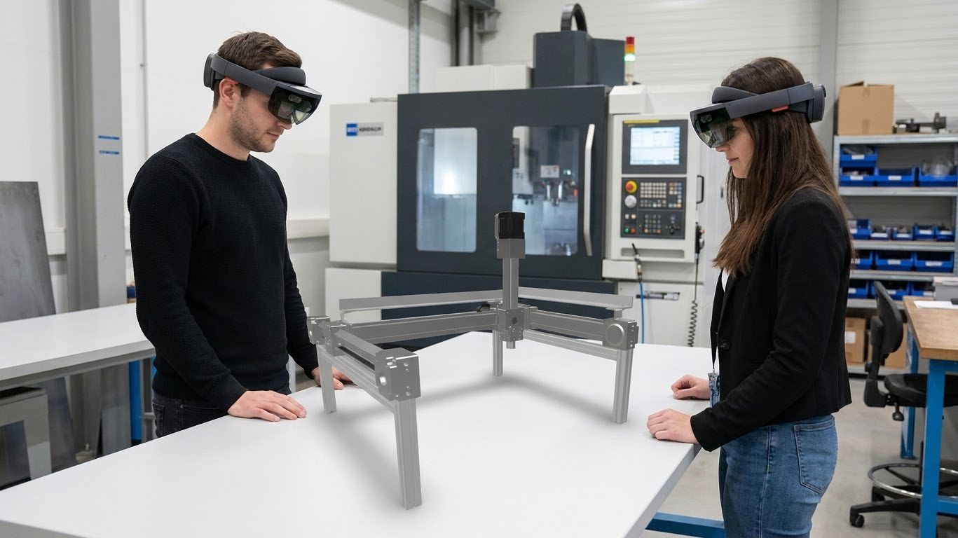 Zwei Personen mit Mixed-Reality-Brillen prüfen einen Digitalen Zwilling einer Anlage
