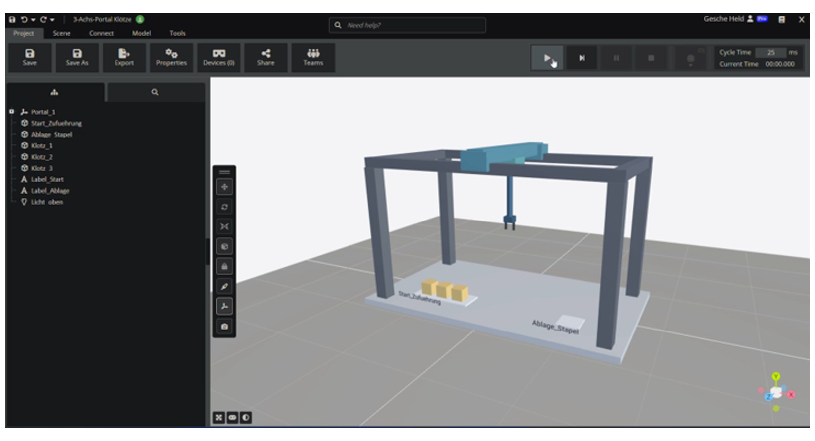 Von einer KI über die MCP-Schnittstelle aufgebaute 3D-Szene eines Portals in VisuPal