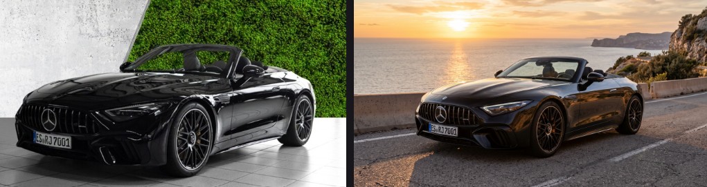 Vorher-Nachher: ein schwarzes Mercedes-AMG SL Cabrio vor einer Hallenwand und dasselbe Fahrzeug KI-generiert an einer Küstenstraße im Sonnenuntergang
