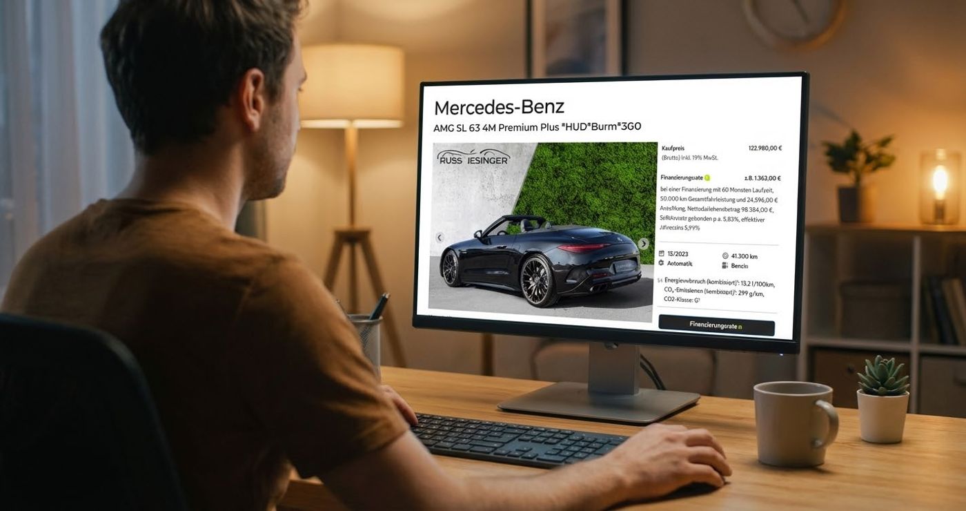 Kunde sucht am Bildschirm ein Gebrauchtfahrzeug