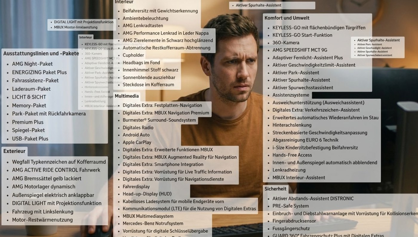 Ein Interessent schaut ratlos auf lange Listen kryptischer Ausstattungsmerkmale wie AMG Night-Paket, MBUX und DISTRONIC