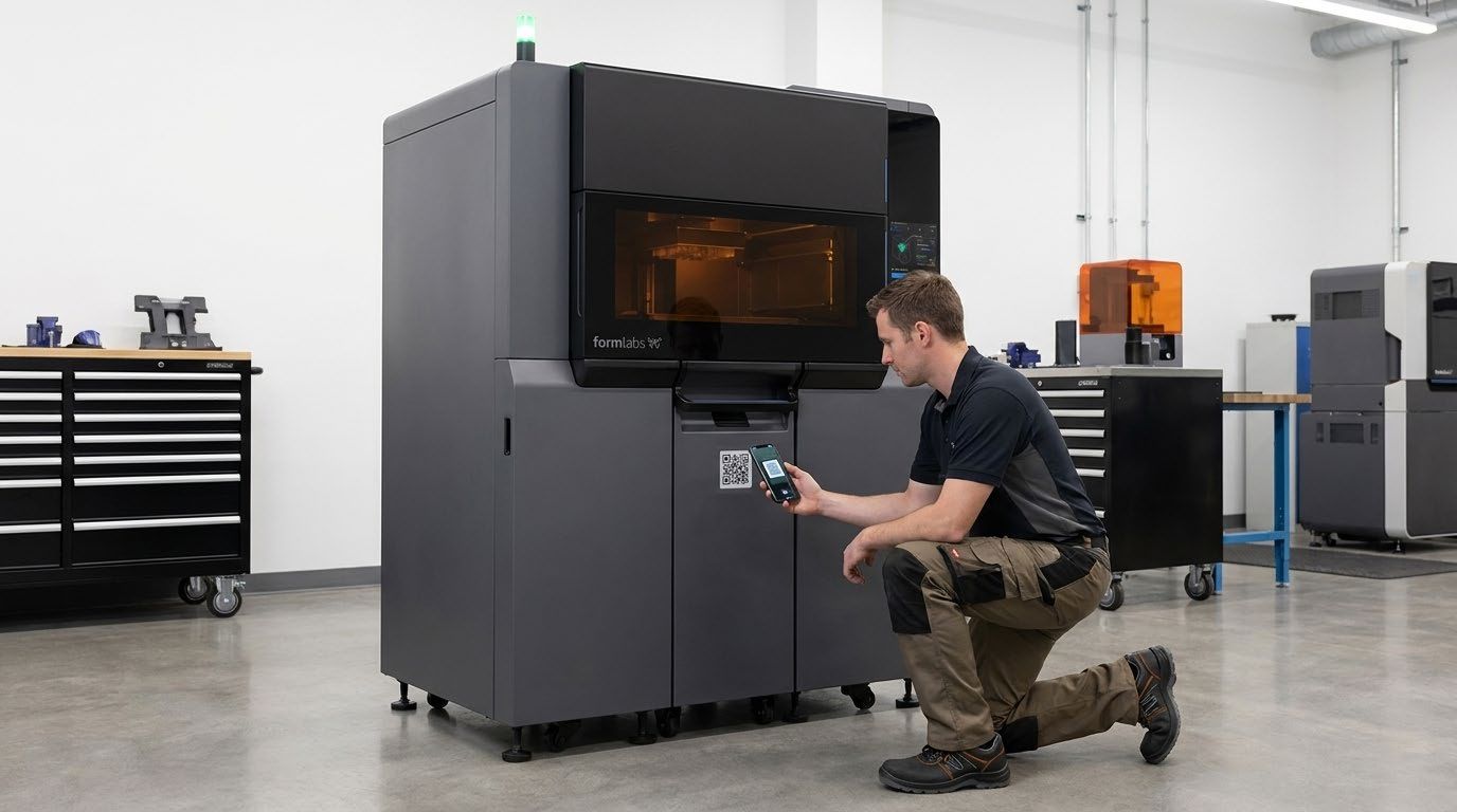 Servicetechniker scannt den QR-Code an einem 3D-Drucker